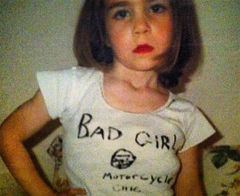 Photo posted by Lena Dunham of her 5-year-old sister with caption "#tbt that time I dressed my 5 year old sister as a Hell's Angel's sex property #1997"