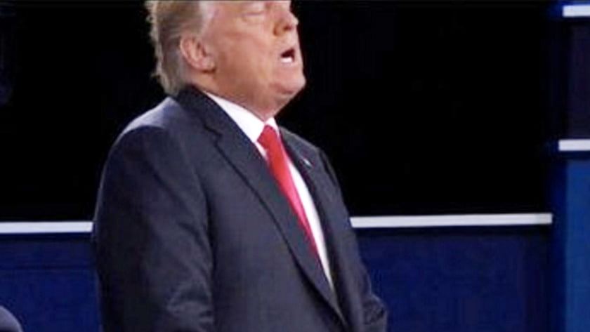Second US Presidential Debate - Body Language Analysis - Close=up shot of Donald Trump who appears to be in anguish and pain. Trump sniffled over 80 times during the debate