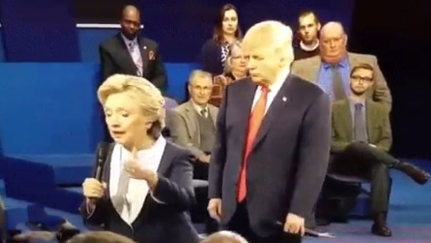 Second US Presidential Debate - Body Language Analysis - Trump invades Clinton's personal space and follows her around very closely as he also attempts to dominate and intimidates Clinton