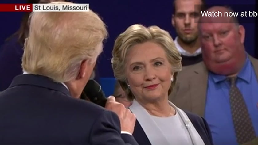 Second US Presidential Debate - Body Language Analysis - Donald Trump is scolding Hilary Clinton for deleting emails, telling her she should be ashamed of herself. Clinton responds with a coached gesture of confidence, superiority, and arrogance. 