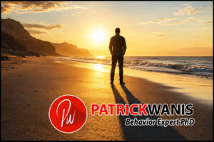 A man stands alone on a beach at sunrise, facing the ocean and sunlight while casting a long shadow across the sand, symbolizing self-confidence, independence, and personal empowerment, thus no longer Living Under Someone Else's Shadow