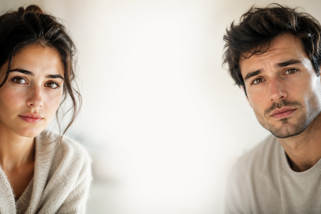 Man and woman standing back to back after a breakup, looking away from each other