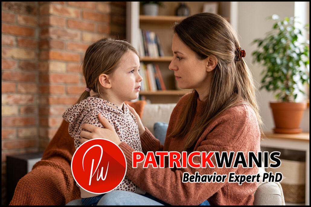 Mother co-regulating with her distressed daughter on a couch to prevent childhood anxiety.
