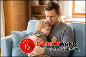 Father co-regulating with his son, holding him while asleep on a couch to prevent childhood anxiety.