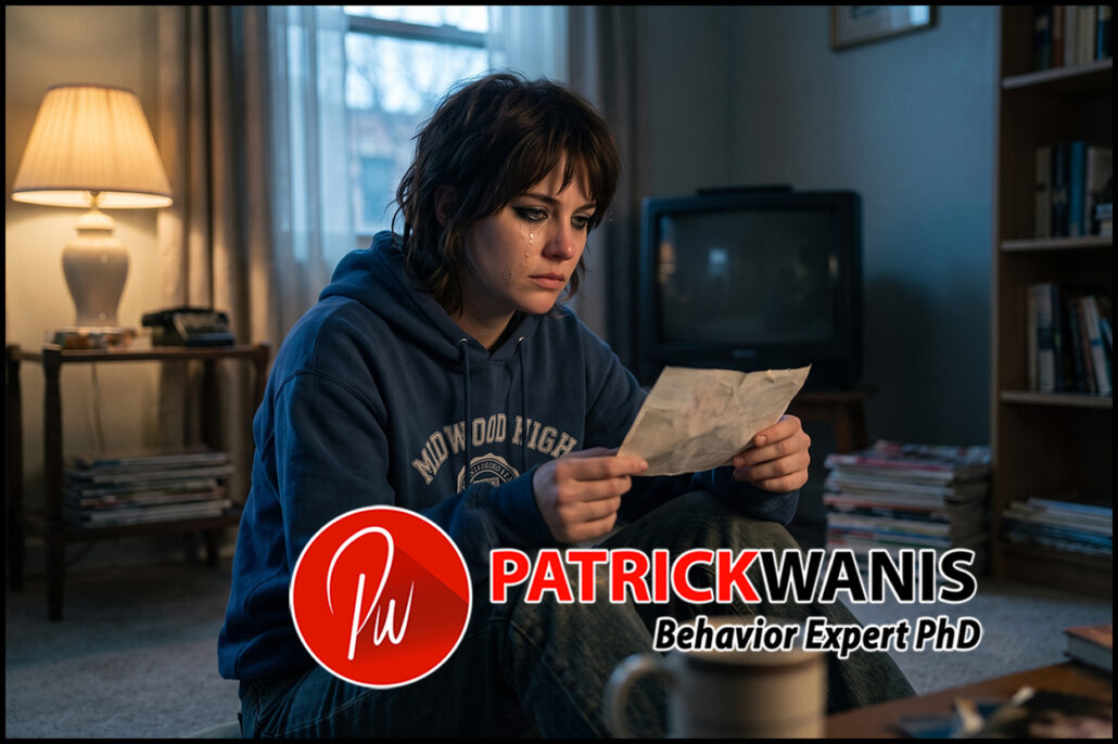 A tearful woman sitting on the floor reading an old handwritten letter, illustrating heartbreak and subconscious emotional attachment.