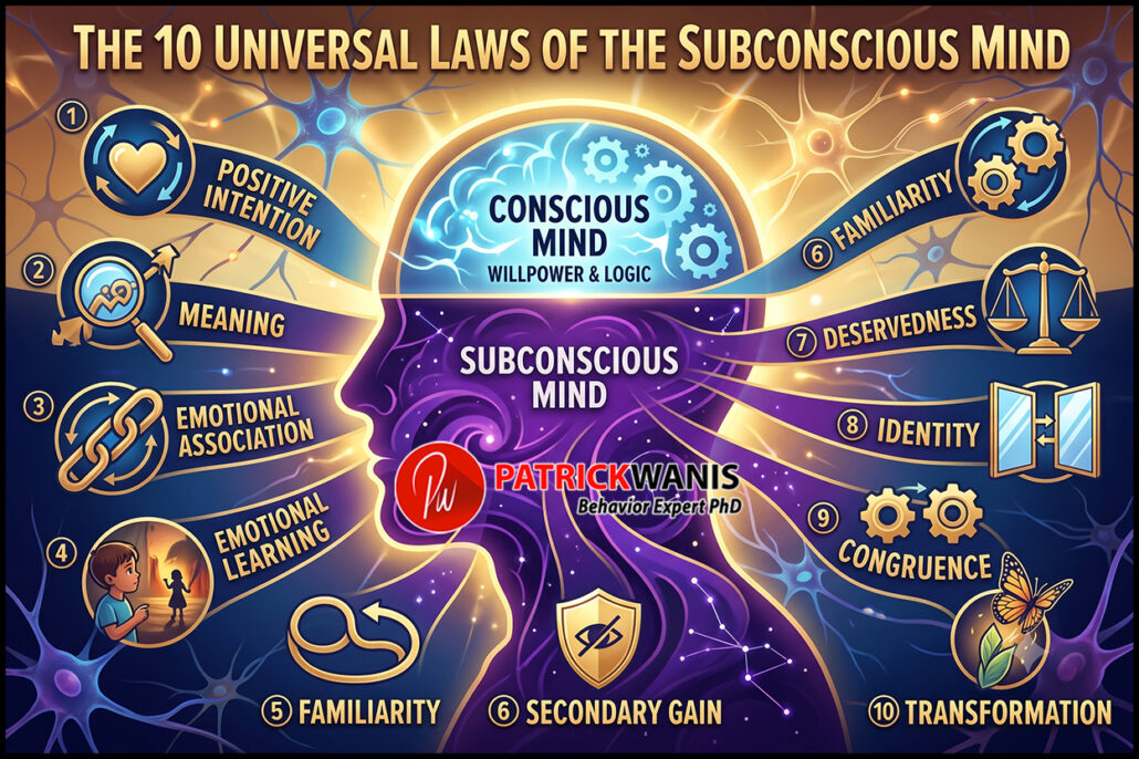 Infographic diagram illustrating The 10 Universal Laws of the Subconscious Mind by Patrick Wanis PhD surrounding a human head silhouette showing conscious vs subconscious processing