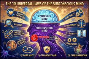 Infographic diagram illustrating The 10 Universal Laws of the Subconscious Mind by Patrick Wanis PhD surrounding a human head silhouette showing conscious vs subconscious processing