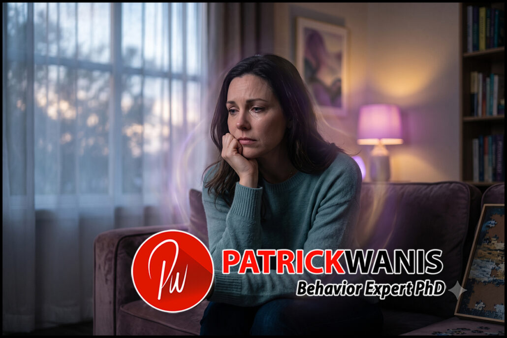 A pensive woman resting her chin on her hand sitting on a living room couch, reflecting on emotional patterns and subconscious self-sabotage.