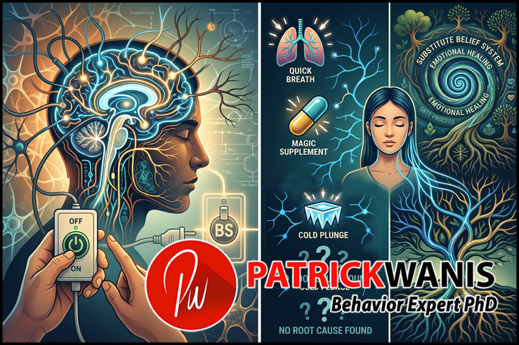 A dynamic illustration contrasting "Nervous System Reset" marketing myths with real emotional healing. The left panel shows stylized quick-fix icons for "BREATHWORK," "SUPPLEMENTS," and "COLD PLUNGE" emitting flashing light over fragmented neural paths, labeled "NO ROOT CAUSE FOUND." The right panel shows a serene person connected to a deep vortex labeled "SUBSTITUTE BELIEF SYSTEM," "EMOTIONAL HEALING," and "SRTT PROCESS," leading to grounded, resilient roots. The overall aesthetic is a modern digital illustration in deep teal, indigo, and earthy gold.