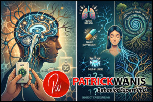 A dynamic illustration contrasting "Nervous System Reset" marketing myths with real emotional healing. The left panel shows stylized quick-fix icons for "BREATHWORK," "SUPPLEMENTS," and "COLD PLUNGE" emitting flashing light over fragmented neural paths, labeled "NO ROOT CAUSE FOUND." The right panel shows a serene person connected to a deep vortex labeled "SUBSTITUTE BELIEF SYSTEM," "EMOTIONAL HEALING," and "SRTT PROCESS," leading to grounded, resilient roots. The overall aesthetic is a modern digital illustration in deep teal, indigo, and earthy gold.