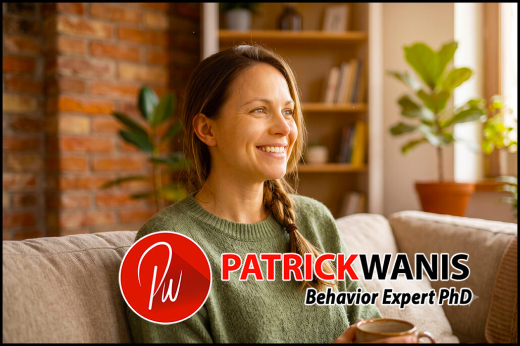 A close-up photograph capturing a woman experiencing true emotional freedom and peace after resolving the root causes of trauma. She is smiling warmly in a golden-lit living room, dressed in desaturated, neutral tones.