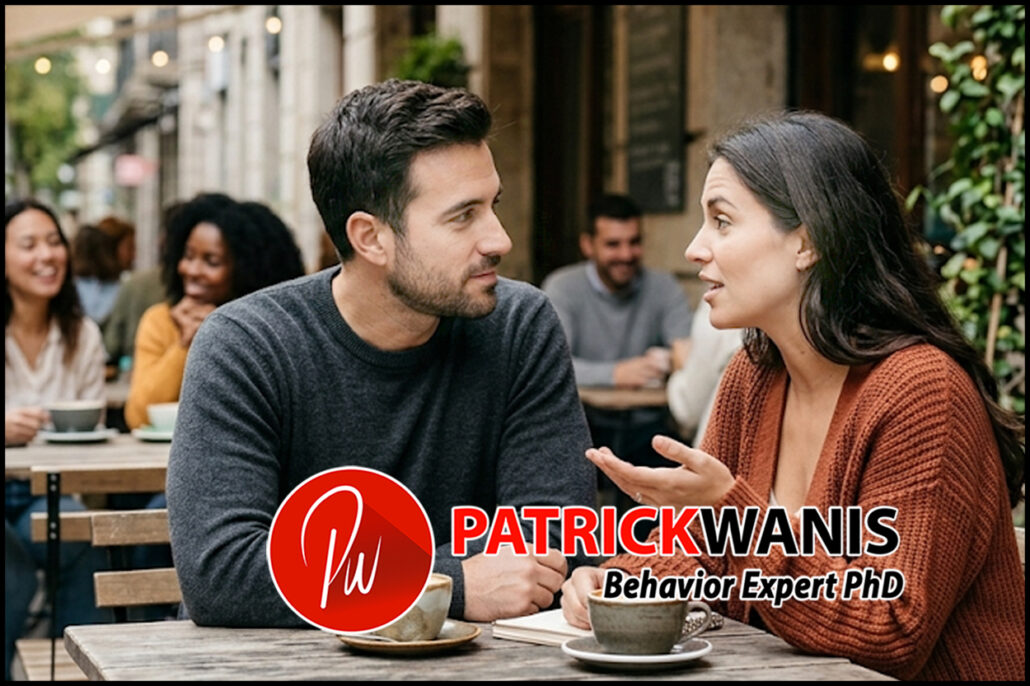 A close-up photograph of a couple sitting close together on an outdoor cafe patio, deeply engaged in a calm and attentive conversation.