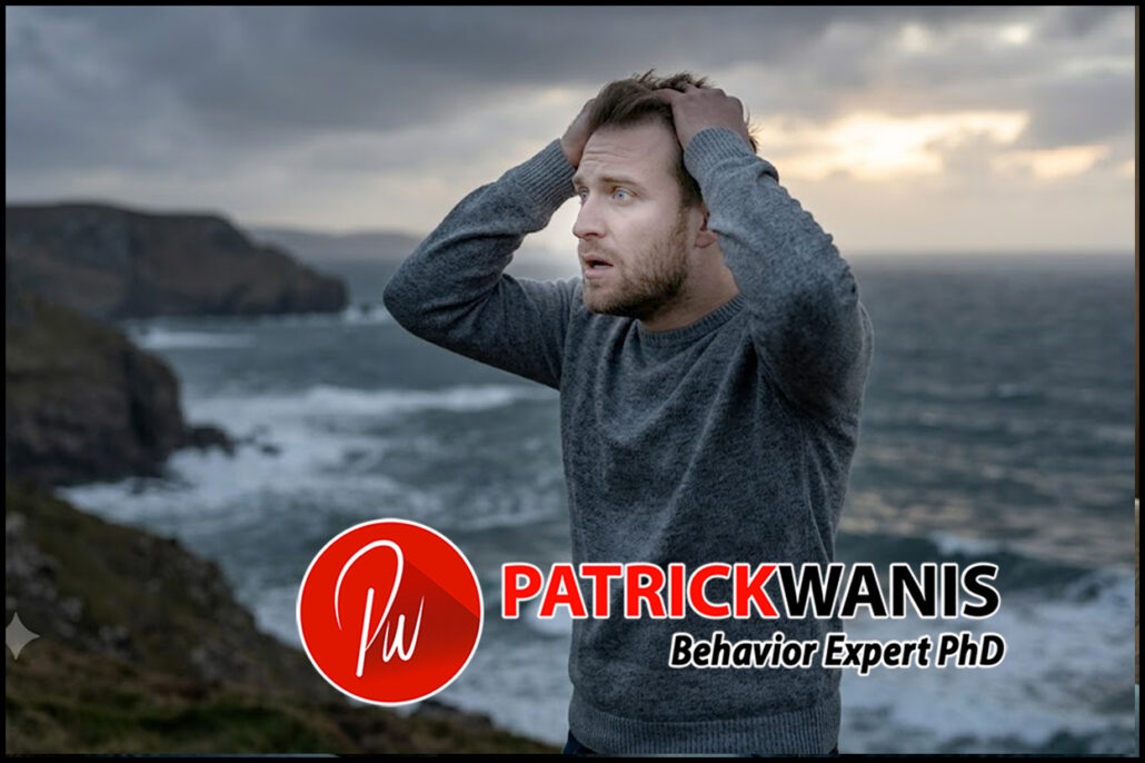 A lone man stands on a windswept, cloudy coastal cliff overlooking a turbulent ocean, gripping his hair in a state of profound distress and panic.