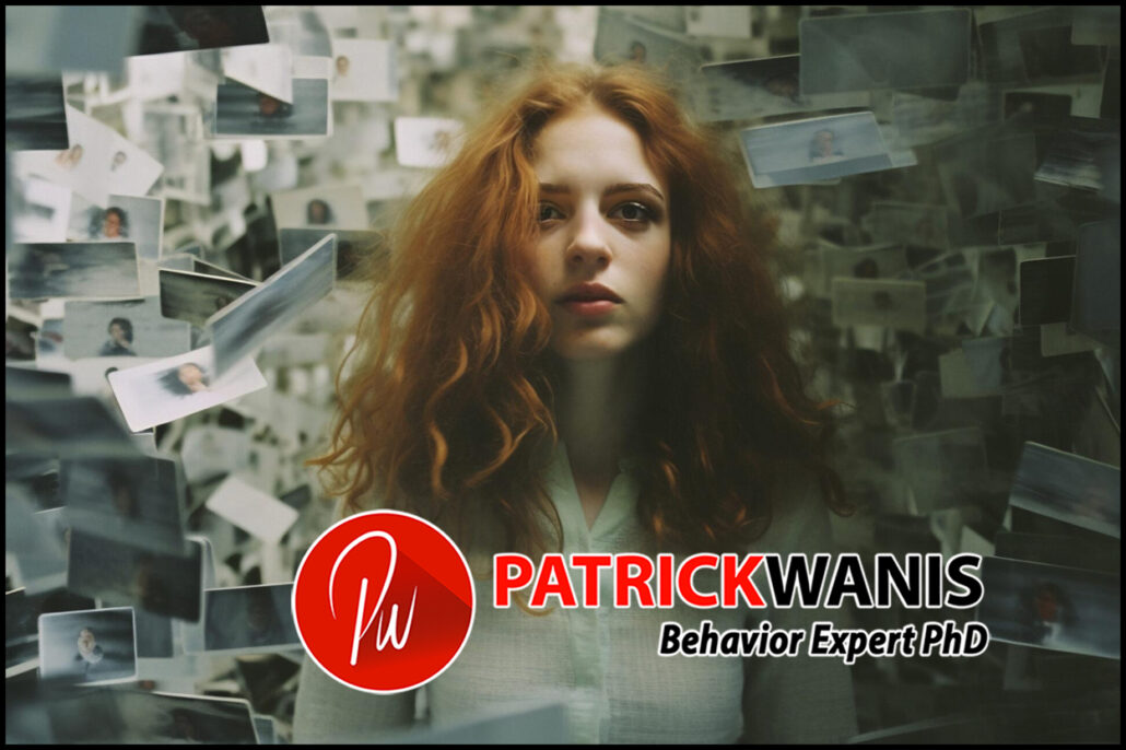 Young woman surrounded by floating photographs, symbolizing memories, emotional attachment, identity, and the subconscious meanings associated with a past relationship.