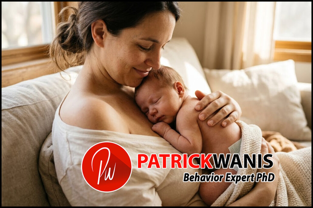 Mother holding her newborn skin-to-skin to support the mother-infant connection and regulate the baby’s developing nervous system.