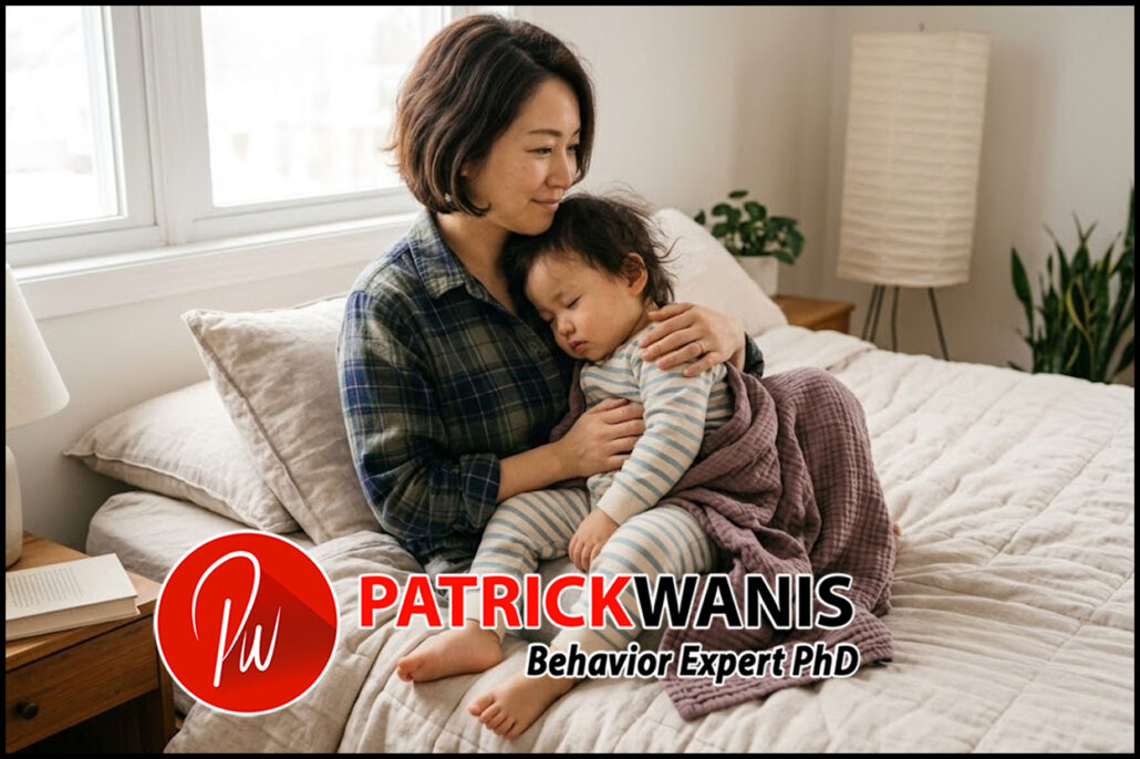 Mother holding and comforting her sleeping child, illustrating the mother-infant connection and nervous system regulation.