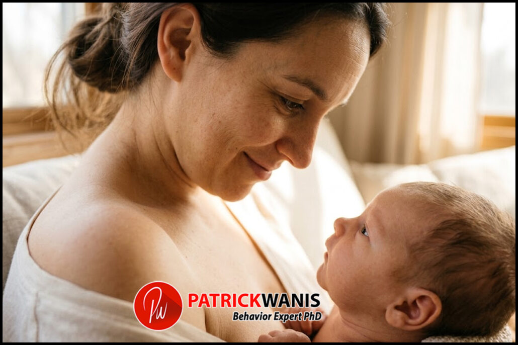 Mother and newborn making eye contact, illustrating emotional attunement and the mother-infant connection.