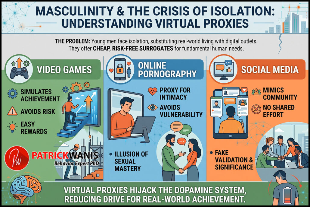 Infographic explaining how video games, online pornography, and social media act as virtual proxies that hijack dopamine and cause male isolation.
