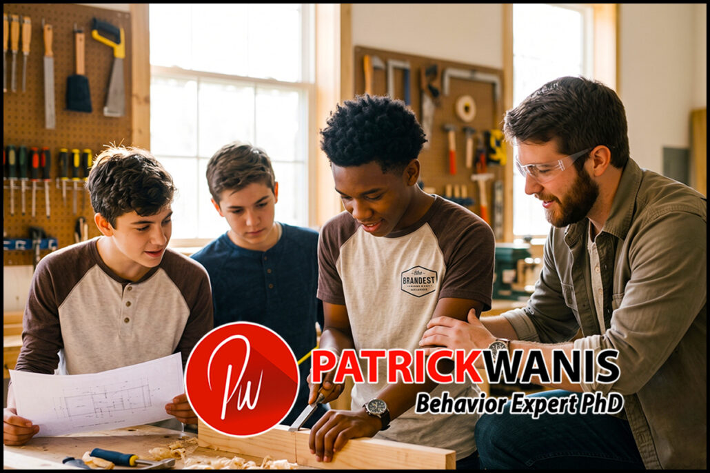 A male mentor in safety glasses guiding three teenage boys in a woodworking workshop while reviewing blueprints.