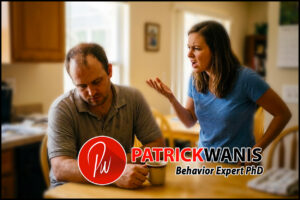 A woman gesturing expressively and criticizing her husband at the kitchen table while he sits looking down, illustrating how nagging leads to emotional withdrawal in marriage.