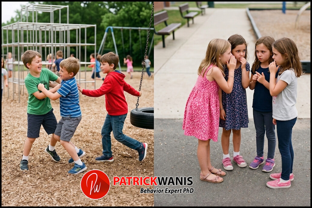 Side-by-side comparison of young boys playfully wrestling on a playground versus young girls whispering and engaging in relational aggression, showing gender differences in conflict.