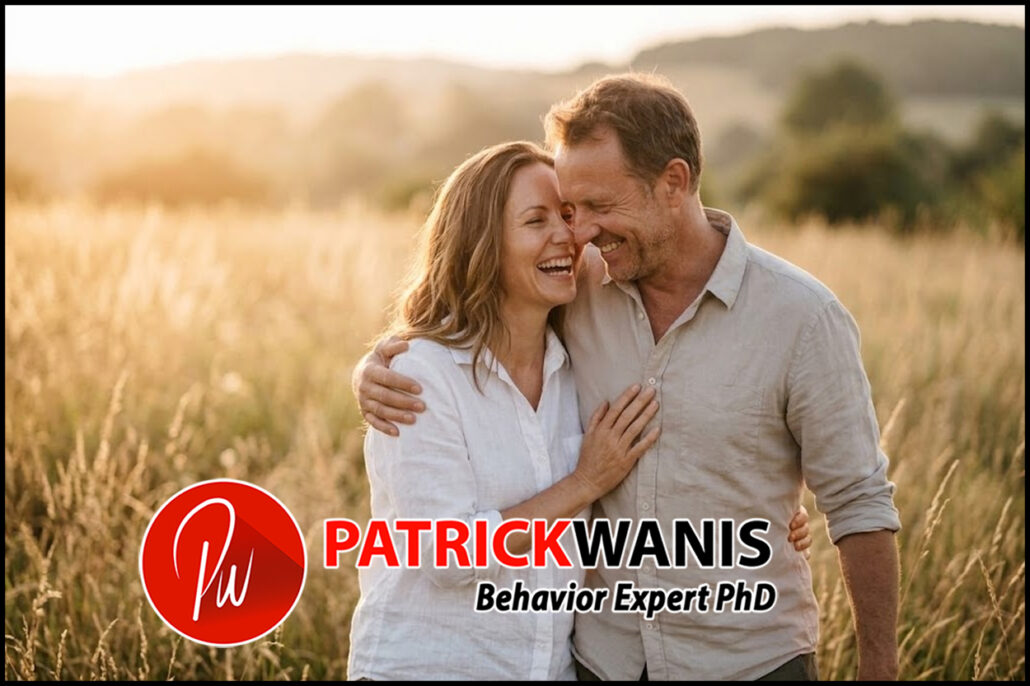 A happy couple embracing warmly and smiling together in a sunlit outdoor field.