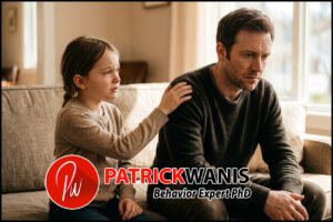 A tearful young girl reaching out to comfort her troubled father sitting on a living room couch - an example of Father-Daughter Enmeshment