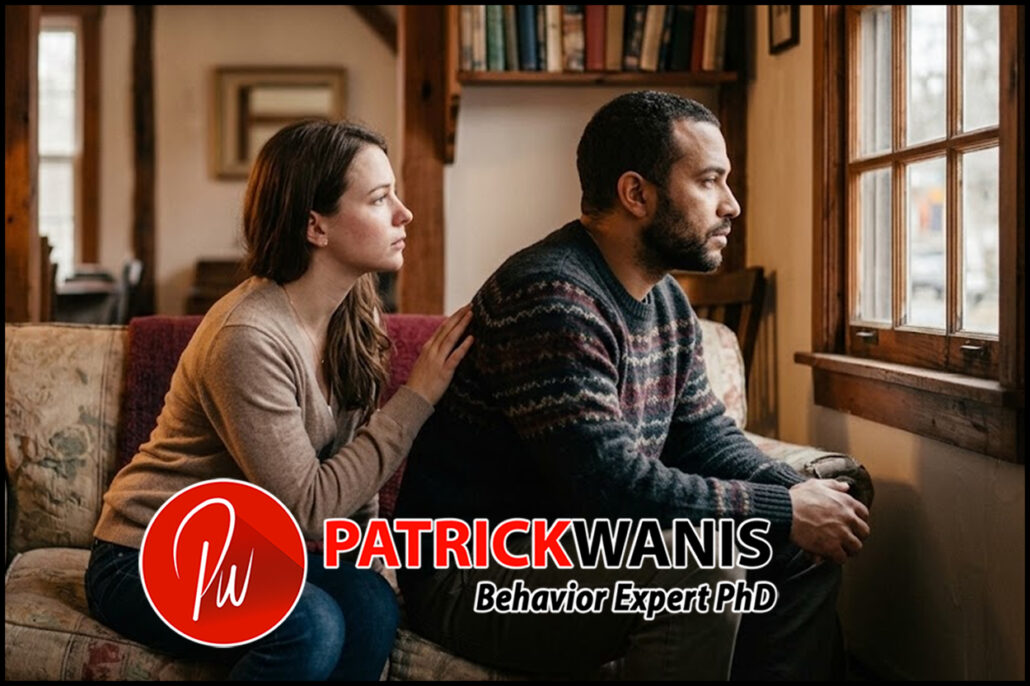 An anxious adult woman placing her hand on her distant partner's shoulder as he looks out a window - an example of adult impact of Father-Daughter Enmeshment .