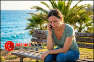 An exhausted woman sitting on a park bench holding a smartphone to her ear with a sad, drained expression from supporting a friend