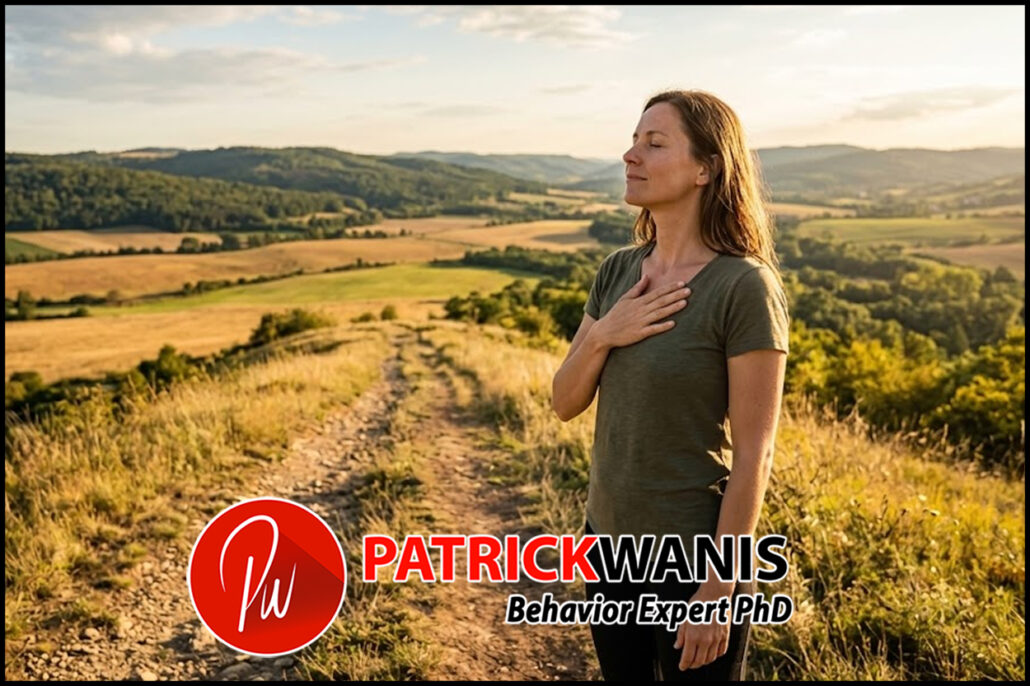 A peaceful woman standing on a sunlit hill with her hand over her heart, breathing in deeply with her eyes closed.