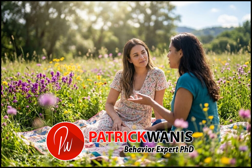 Two women sitting together on a blanket in a field of purple wildflowers having a balanced, open conversation.