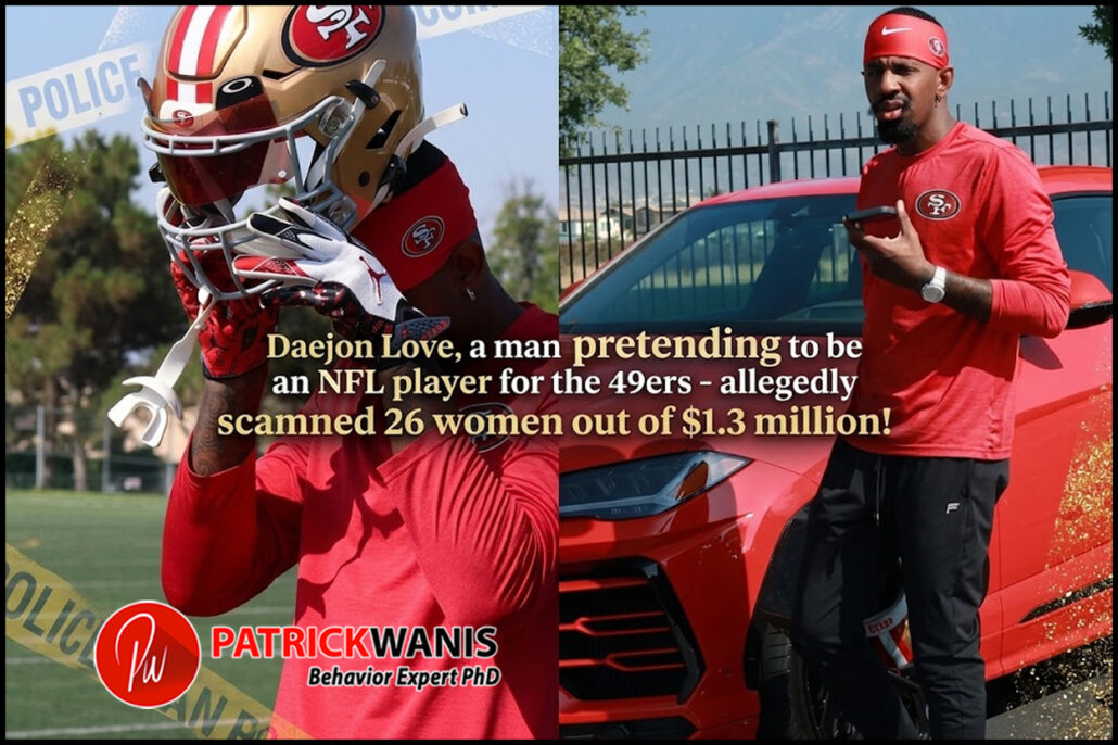Split image of Daejon Love posing in 49ers gear and near a red sports car alongside crime scene tape overlays.