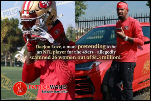 Split image of Daejon Love posing in 49ers gear and near a red sports car alongside crime scene tape overlays.