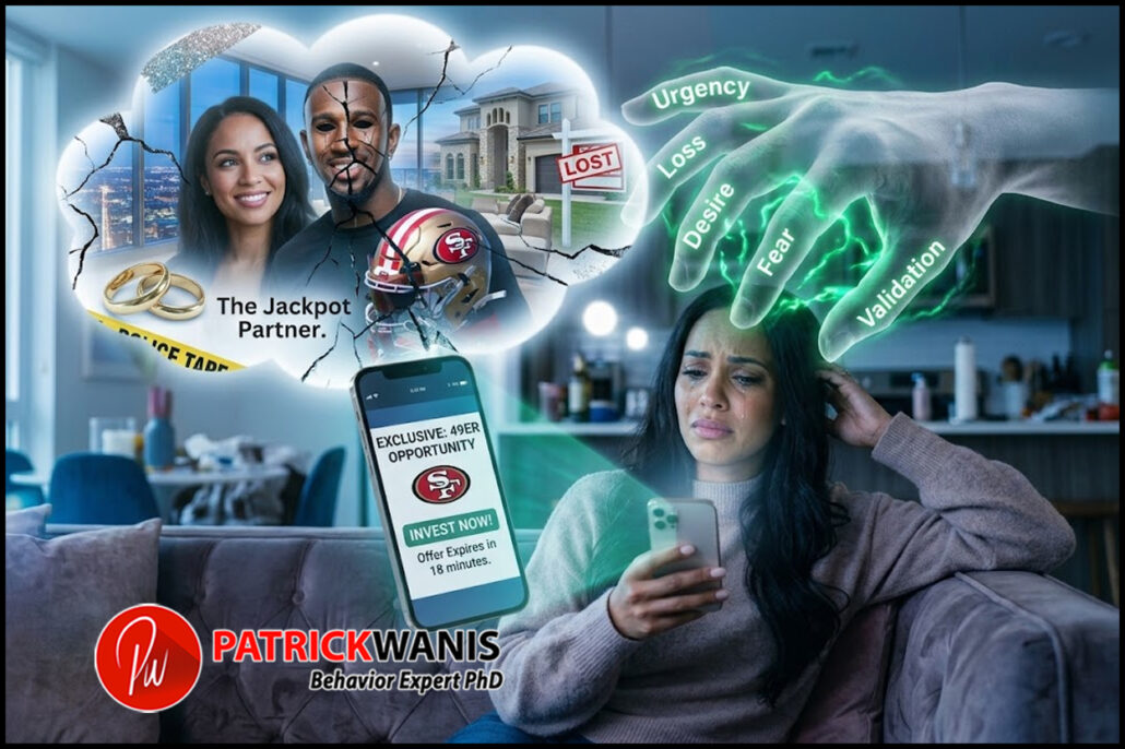 A distressed woman looking at an investment app on her phone while experiencing cognitive dissonance and fear of loss in a romance scam.
