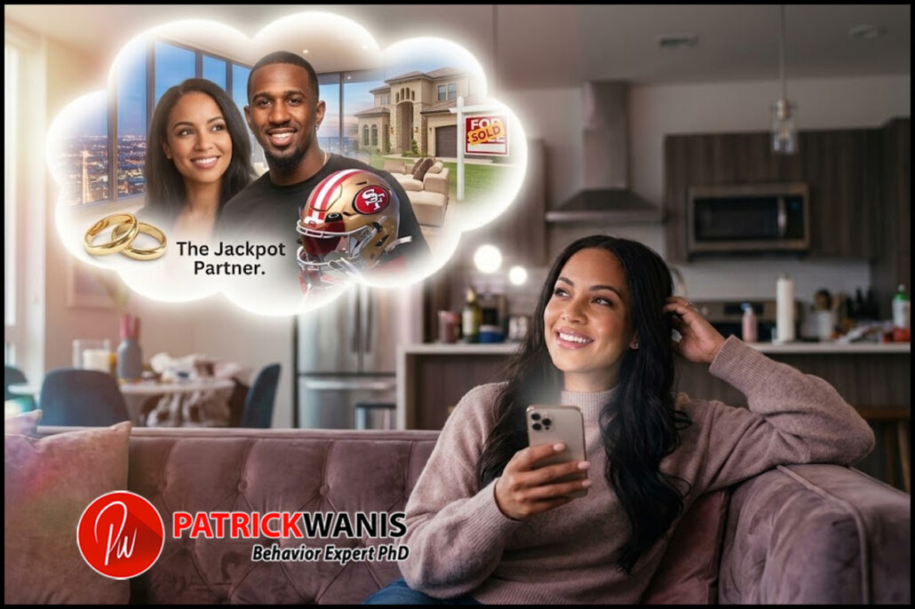 A woman looking thoughtfully at her phone while daydreaming about a wealthy lifestyle with a high-status partner.