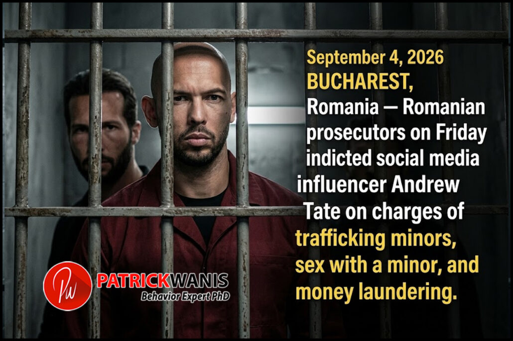 Andrew and Tristan Tate behind prison bars alongside text detailing Romanian prosecutors' indictment charges.