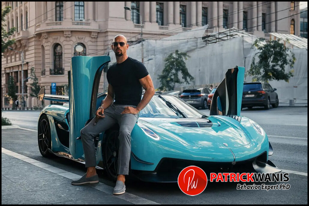 Andrew Tate posing arrogantly on the hood of a luxury cyan supercar parked on a city street.