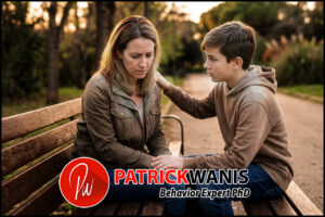 A young boy sitting on a park bench comforting his sad mother by placing a hand on her shoulder representing mother-son enmeshment