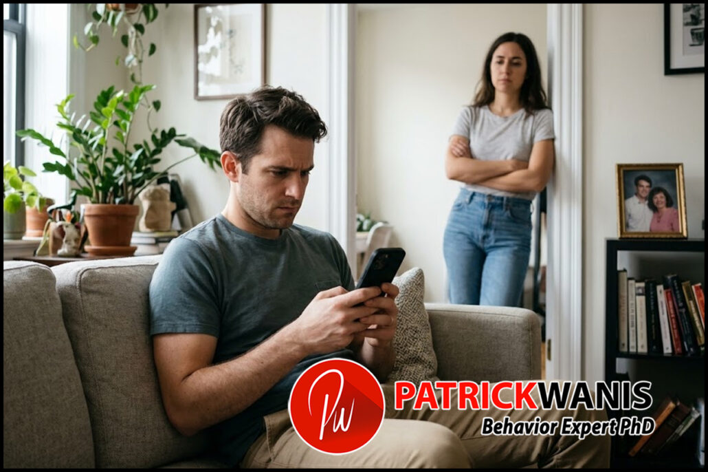 An anxious man on a living room couch staring tensely at his phone while his frustrated wife stands in the doorway.
