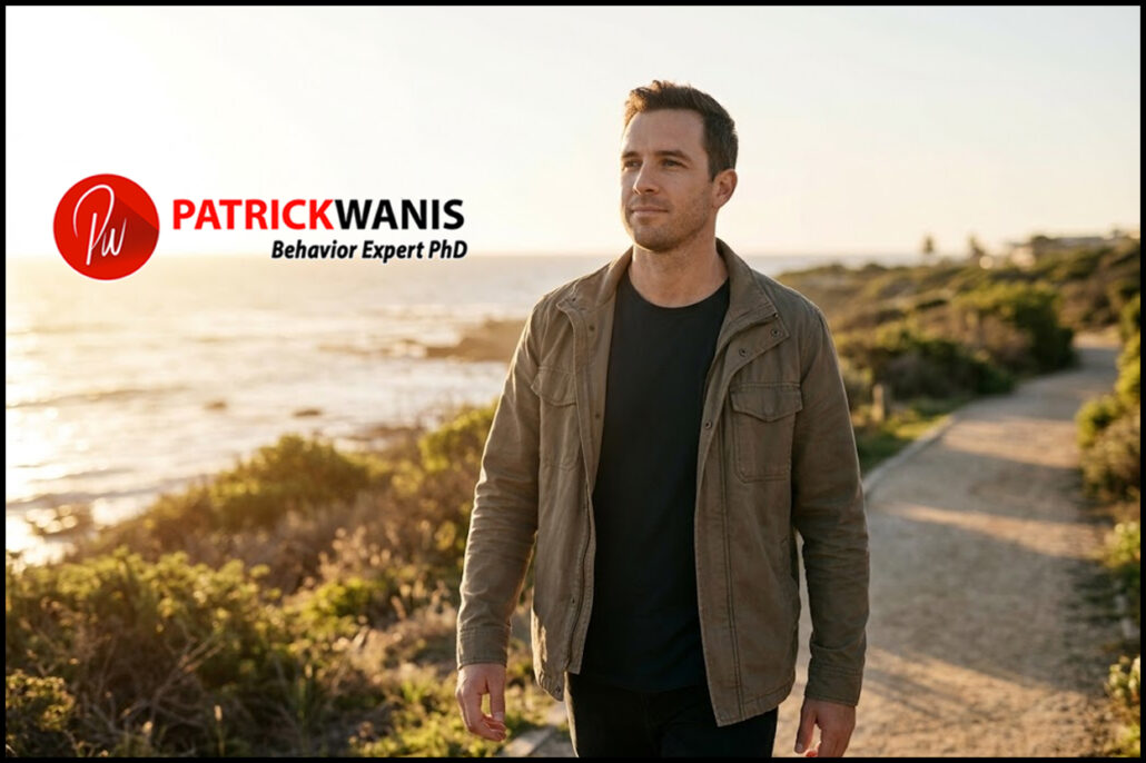 A confident adult man walking along a sunny coastal path looking forward with clarity and freedom.